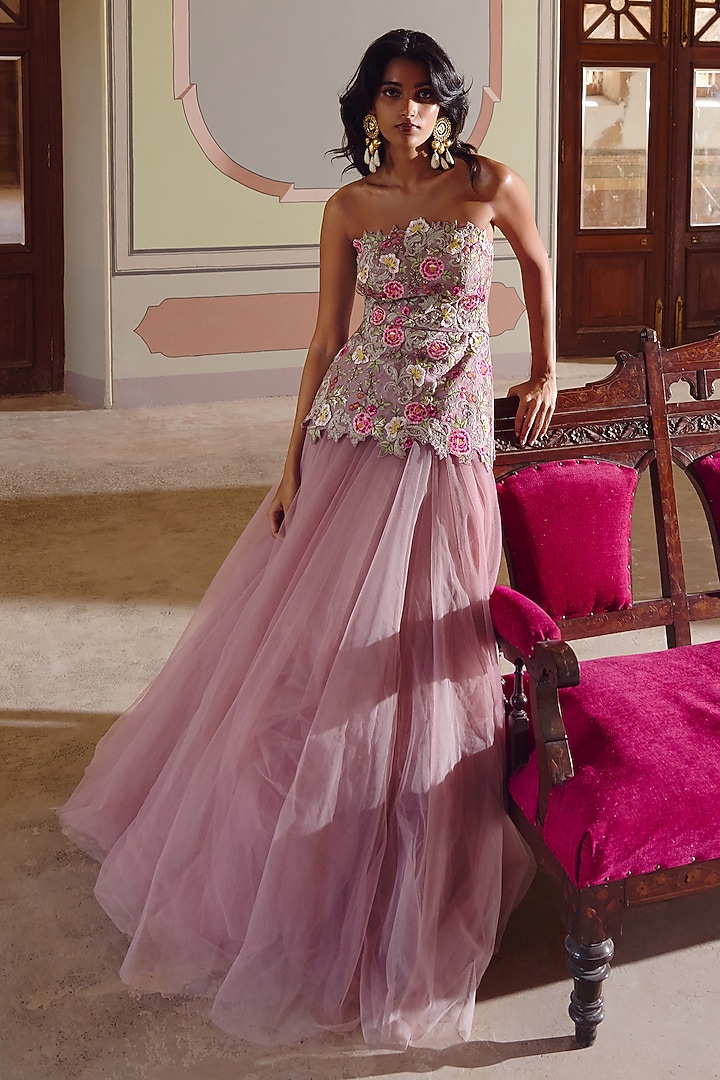 Pink Net Embroidered Skirt Set by Anushree Reddy at Pernia's Pop Up Shop