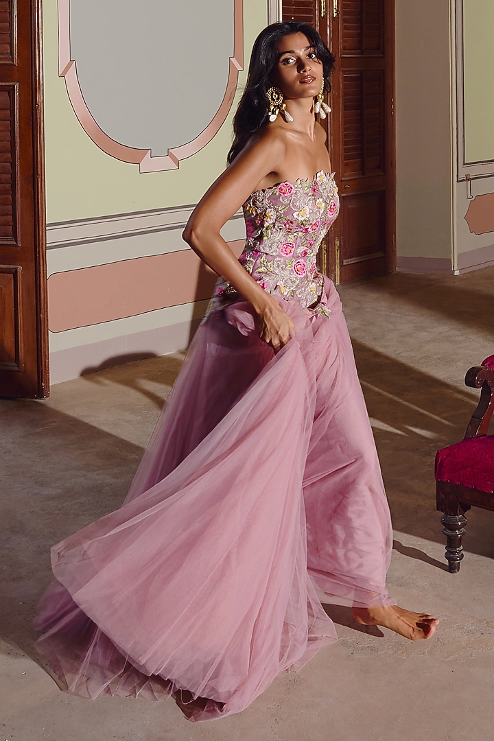 Pink Net Embroidered Skirt Set by Anushree Reddy at Pernia's Pop Up Shop