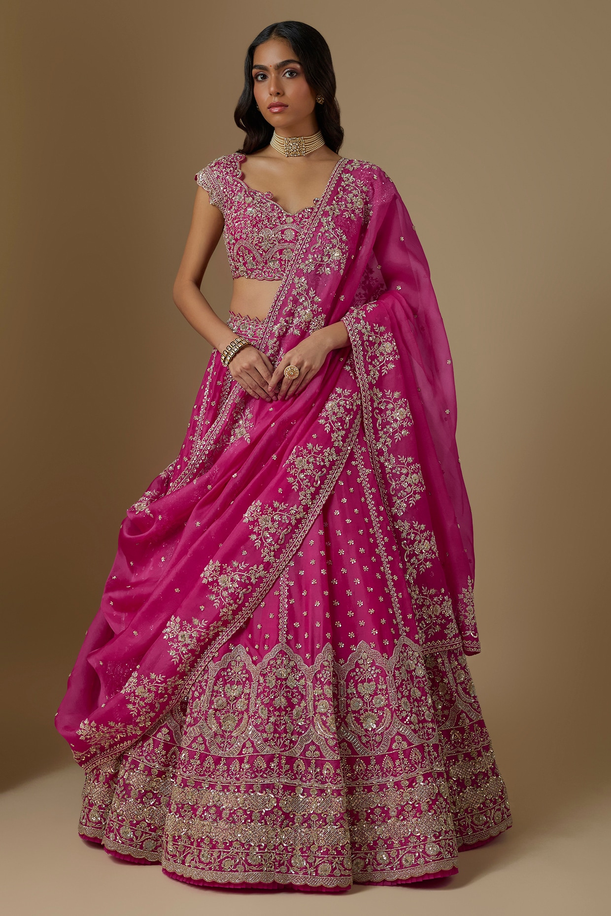 Anushree Reddy Rani Pink Organza Hand Embroidered Bridal Lehenga Set