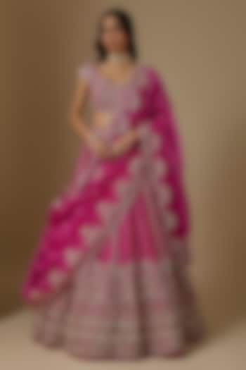 Rani Pink Organza Hand Embroidered Bridal Bridal Lehenga Set by Anushree Reddy at Pernia's Pop Up Shop