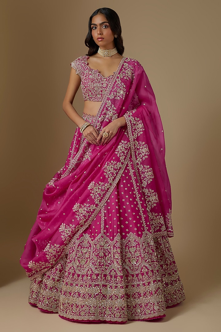 Rani Pink Organza Hand Embroidered Bridal Bridal Lehenga Set by Anushree Reddy at Pernia's Pop Up Shop