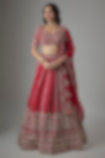 Red Organza Hand Embroidered Bridal Bridal Lehenga Set by Anushree Reddy at Pernia's Pop Up Shop
