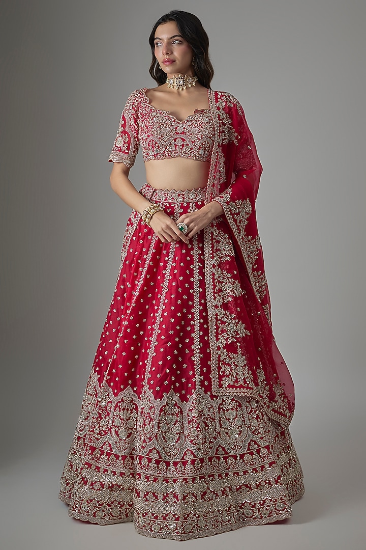 Red Organza Hand Embroidered Bridal Bridal Lehenga Set by Anushree Reddy at Pernia's Pop Up Shop