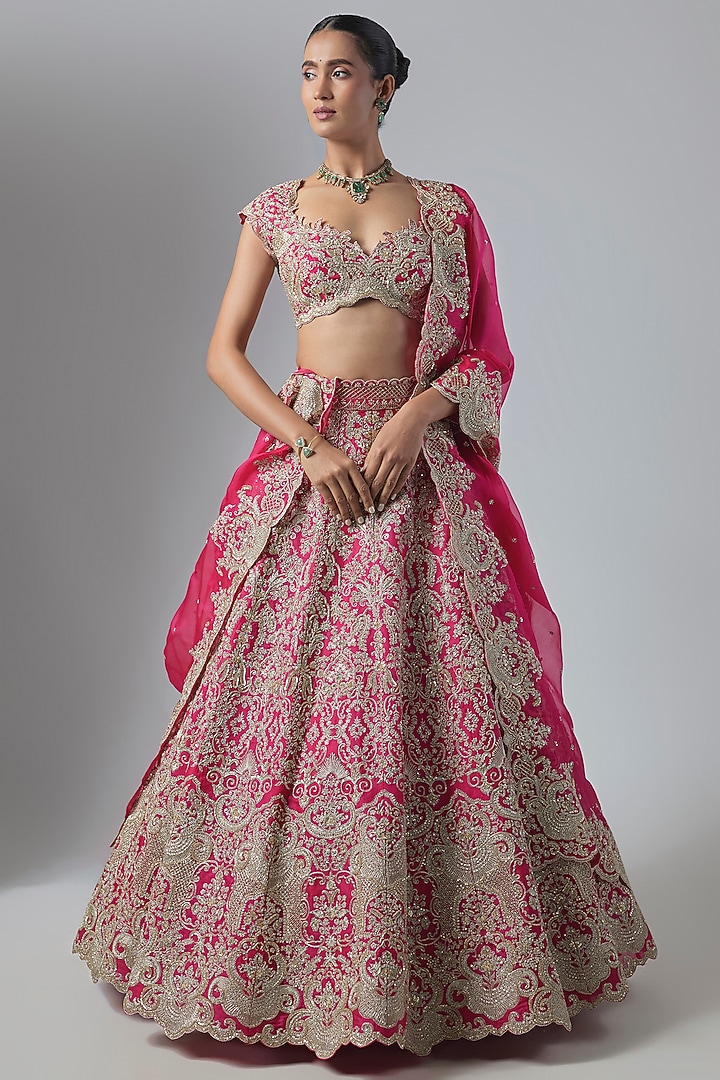 Reddish Pink Organza Embroidered Bridal Lehenga Set by Anushree Reddy at Pernia's Pop Up Shop