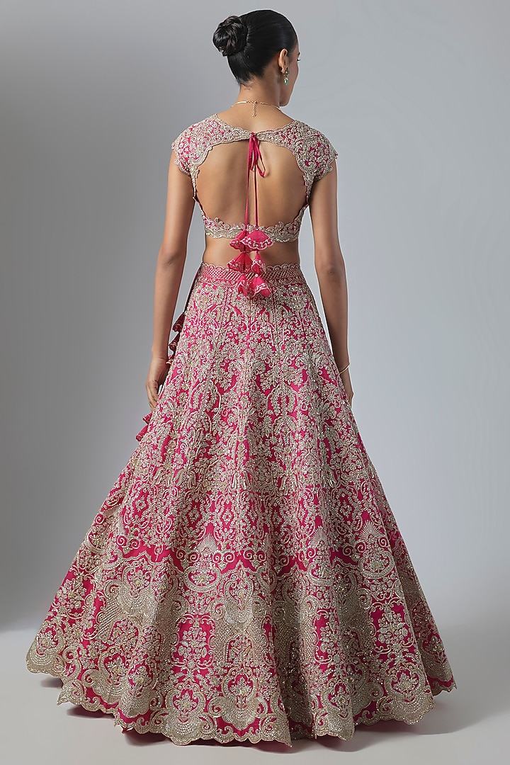 Reddish Pink Organza Embroidered Bridal Lehenga Set by Anushree Reddy at Pernia's Pop Up Shop