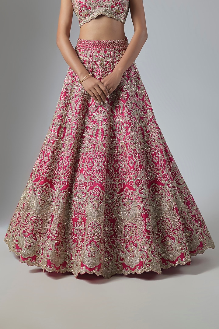 Reddish Pink Organza Embroidered Bridal Lehenga Set by Anushree Reddy at Pernia's Pop Up Shop