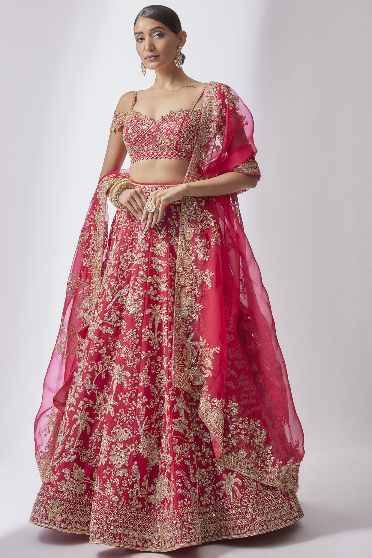 Red Organza Embroidered Lehenga Set by Anushree Reddy