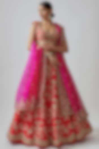 Red Raw Silk Embroidered Bridal Lehenga Set by Anushree Reddy at Pernia's Pop Up Shop