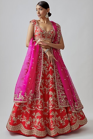 Red Raw Silk Embroidered Lehenga Set by Anushree Reddy