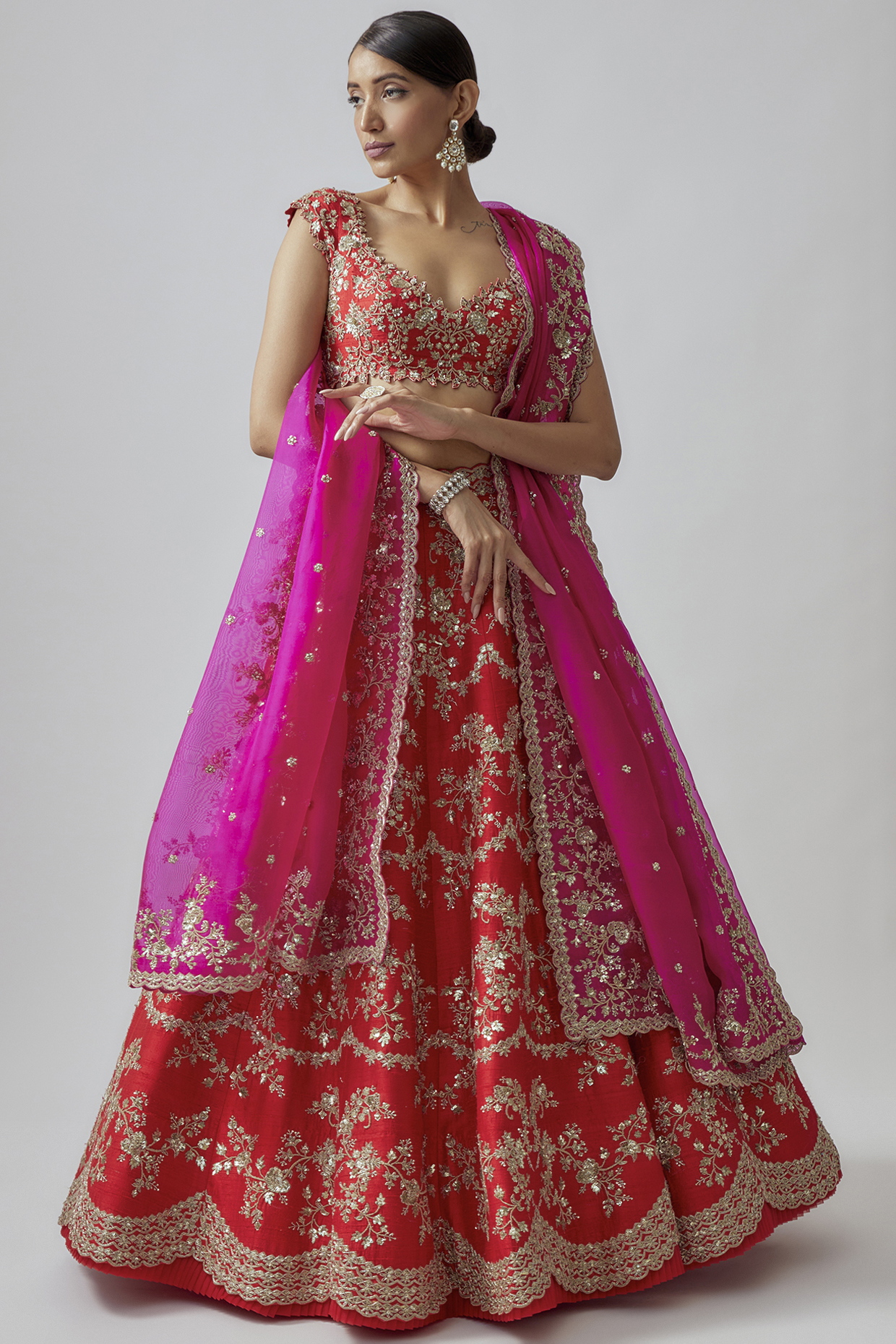 Red Raw Silk Embroidered Lehenga Set by Anushree Reddy