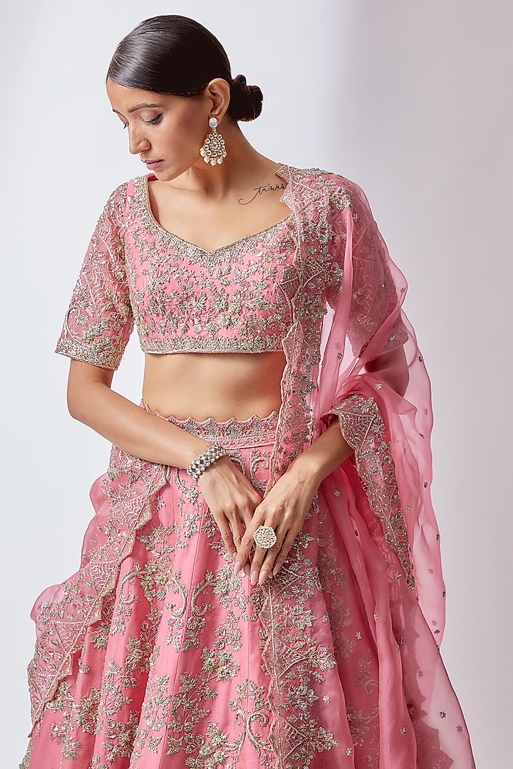 Pink Organza Embroidered Bridal Lehenga Set by Anushree Reddy at Pernia's Pop Up Shop