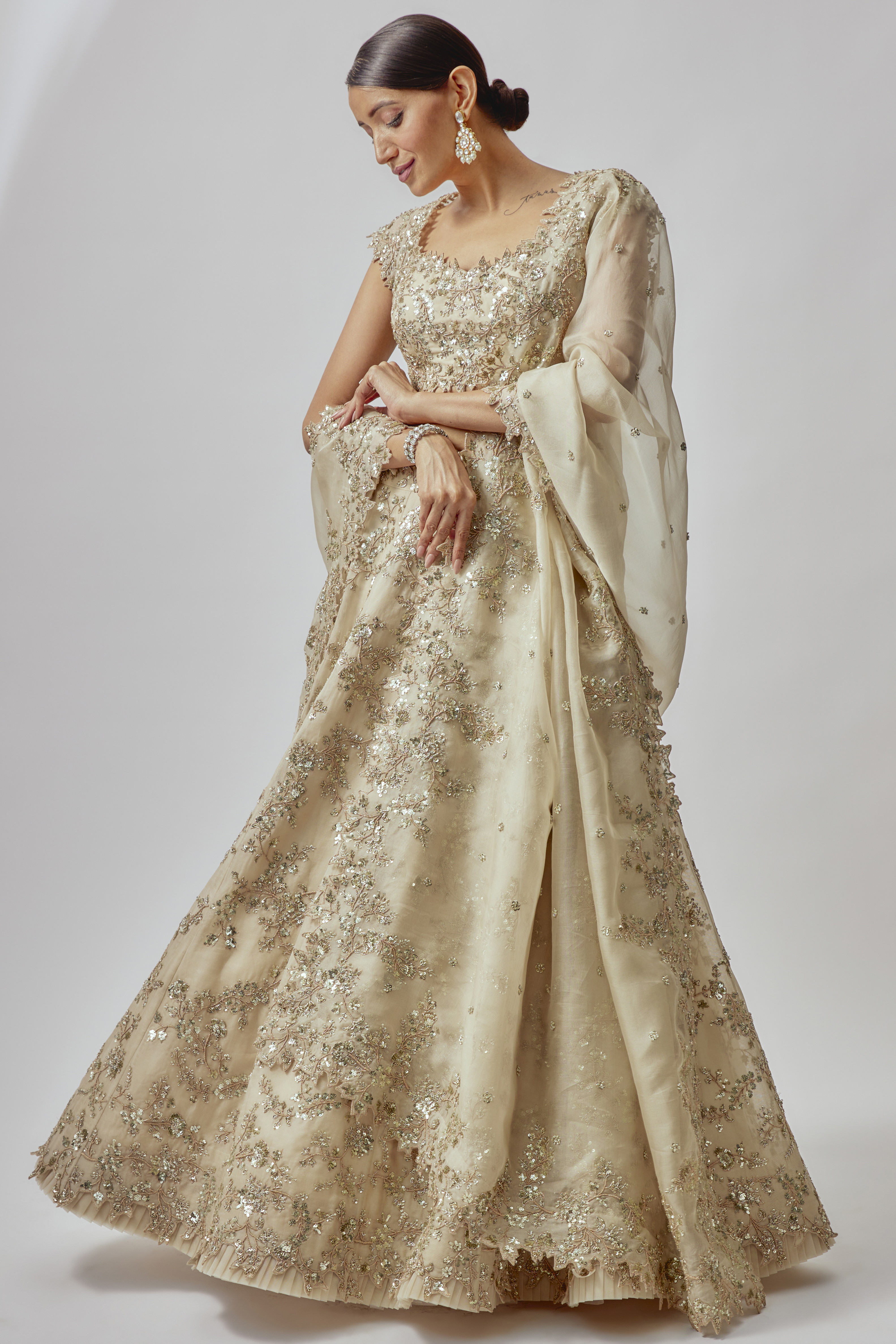 Ivory Organza Embroidered Lehenga Set by Anushree Reddy