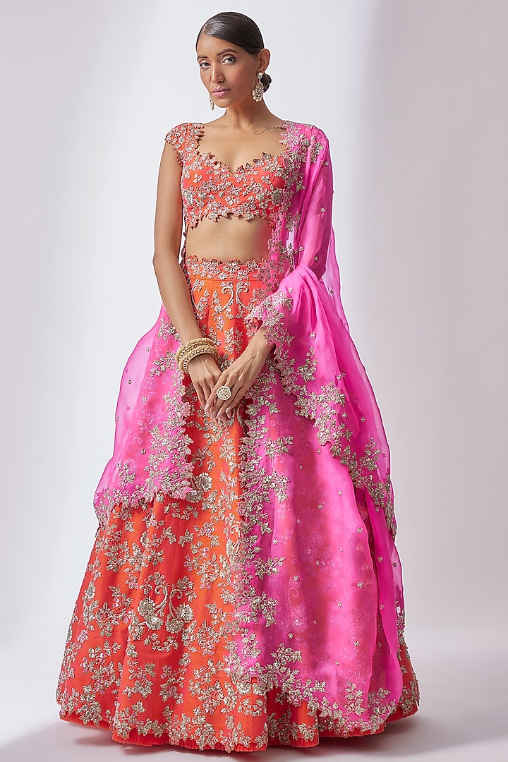 Orange Organza Embroidered Bridal Lehenga Set by Anushree Reddy at Pernia's Pop Up Shop