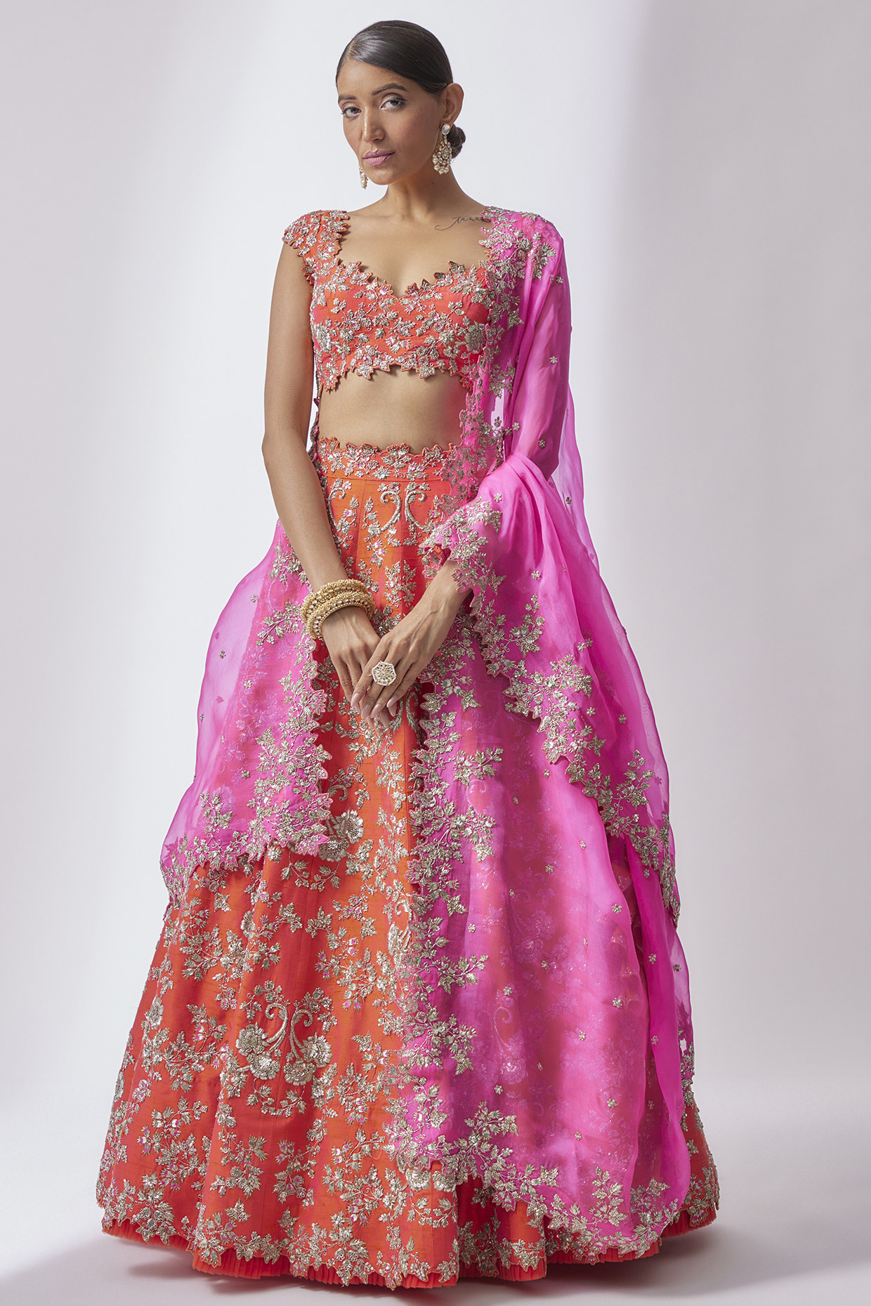 Orange Organza Embroidered Lehenga Set by Anushree Reddy