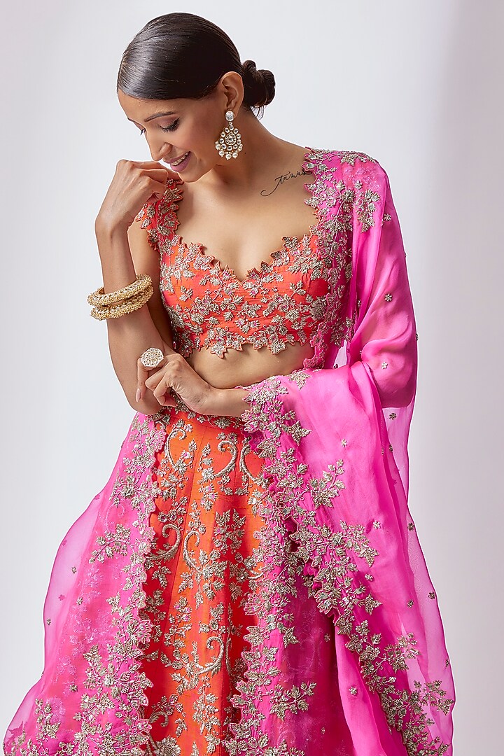 Orange Organza Embroidered Bridal Lehenga Set by Anushree Reddy at Pernia's Pop Up Shop
