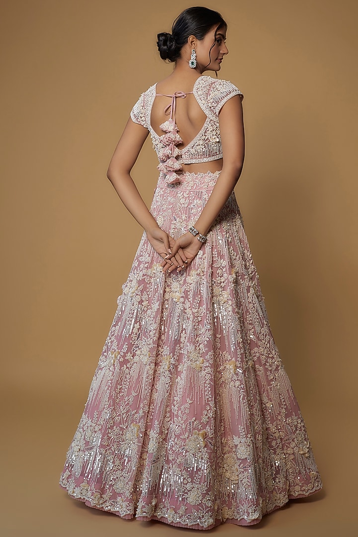 Blush Pink Net Embroidered Bridal Lehenga Set by Anushree Reddy at Pernia's Pop Up Shop