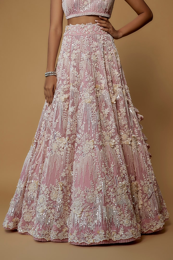 Blush Pink Net Embroidered Bridal Lehenga Set by Anushree Reddy at Pernia's Pop Up Shop