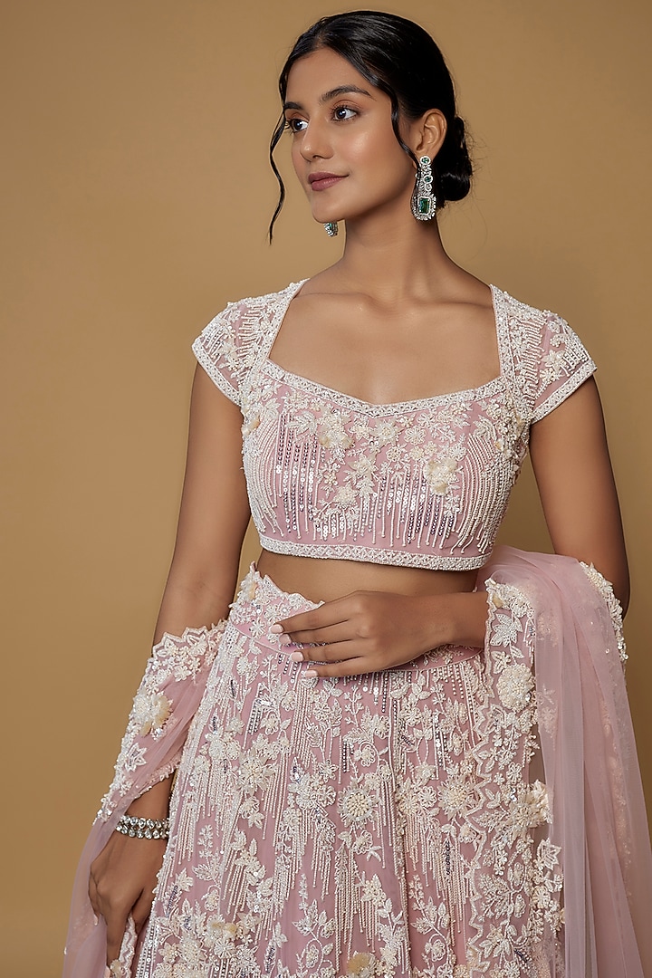 Blush Pink Net Embroidered Bridal Lehenga Set by Anushree Reddy at Pernia's Pop Up Shop