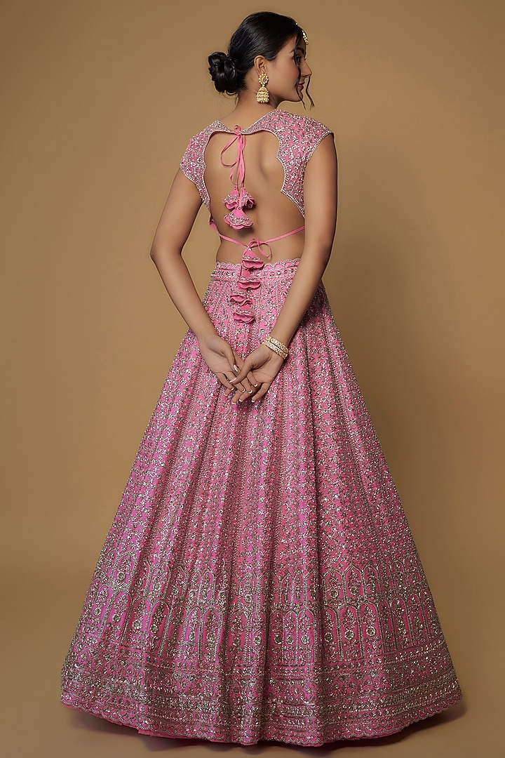 Pink Organza Embroidered Bridal Lehenga Set by Anushree Reddy at Pernia's Pop Up Shop