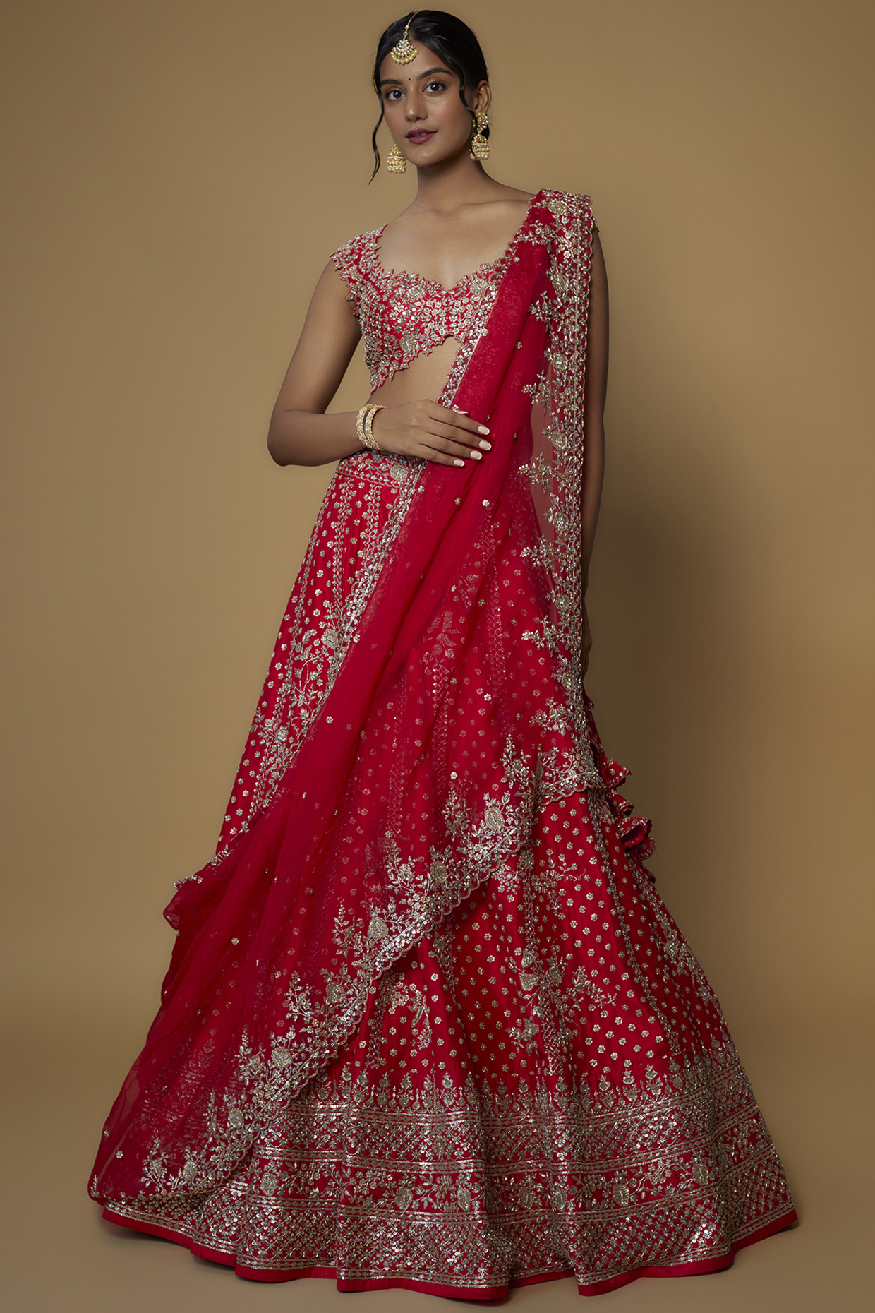 Red Raw Silk Embroidered Bridal Lehenga Set by Anushree Reddy at Pernia's Pop Up Shop