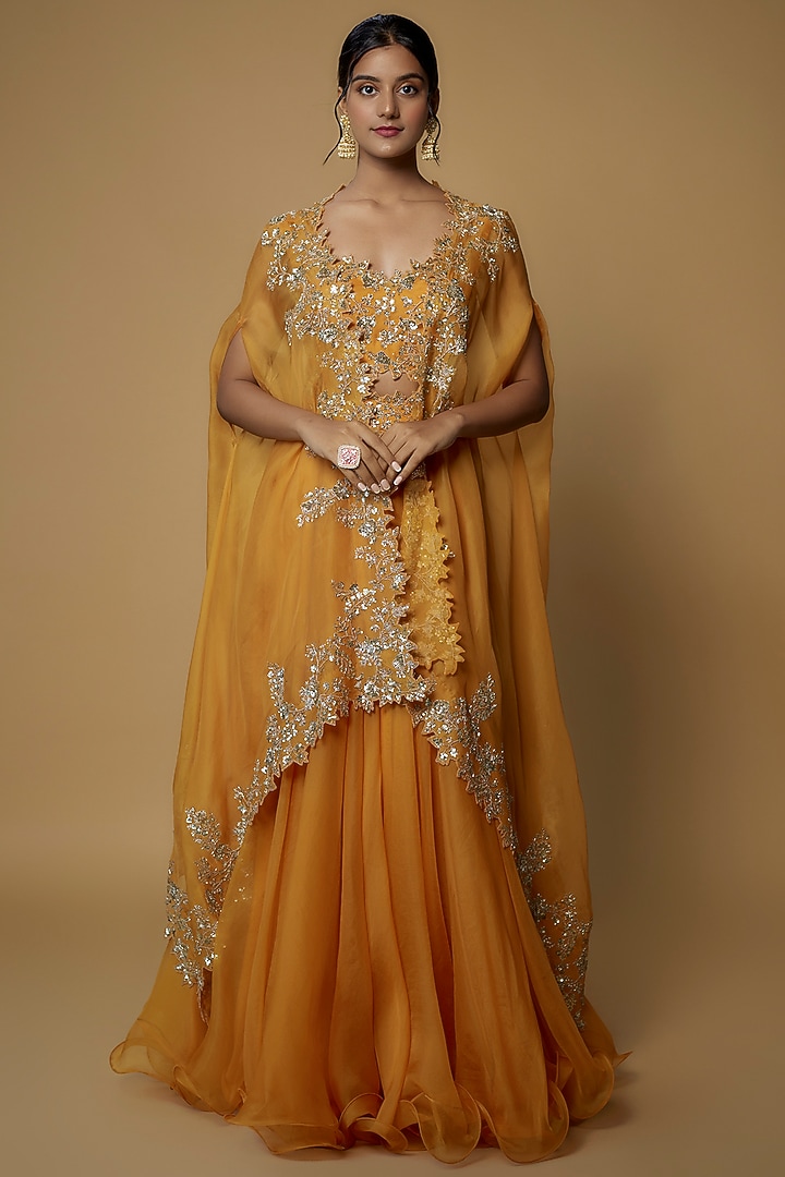 Yellow Organza Embroidered Cape Set by Anushree Reddy at Pernia's Pop Up Shop