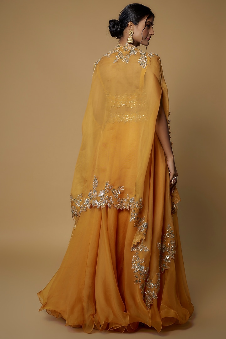 Yellow Organza Embroidered Cape Set by Anushree Reddy at Pernia's Pop Up Shop