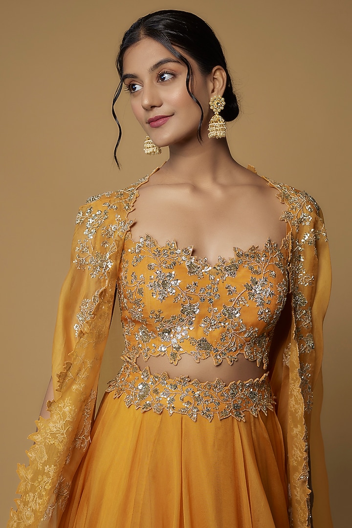 Yellow Organza Embroidered Cape Set by Anushree Reddy at Pernia's Pop Up Shop