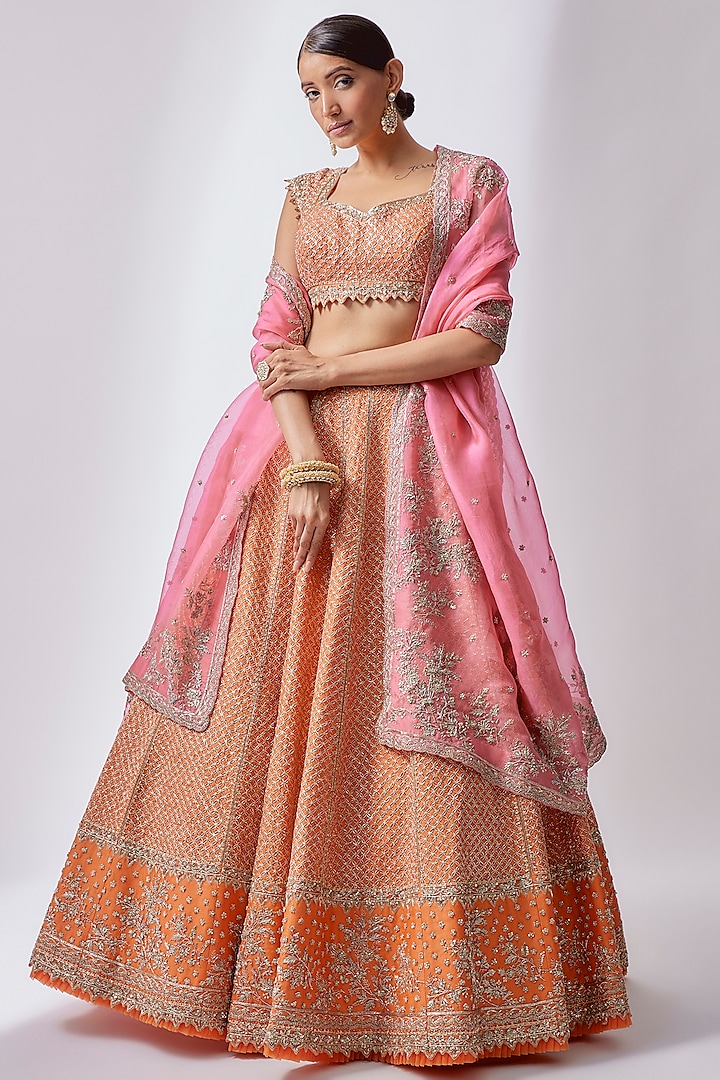 Orange Organza Embroidered Bridal Lehenga Set by Anushree Reddy at Pernia's Pop Up Shop