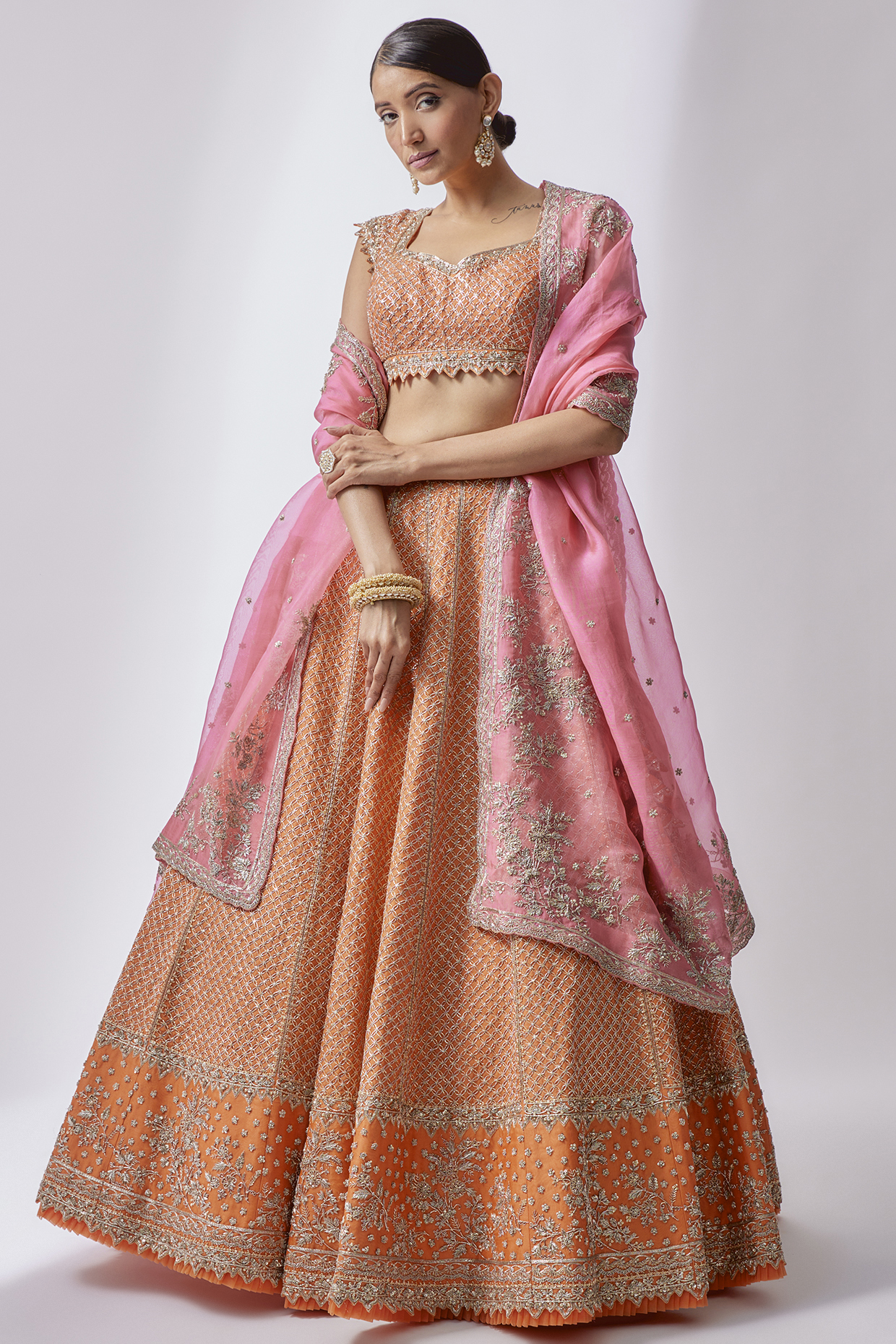 Orange Organza Embroidered Lehenga Set by Anushree Reddy