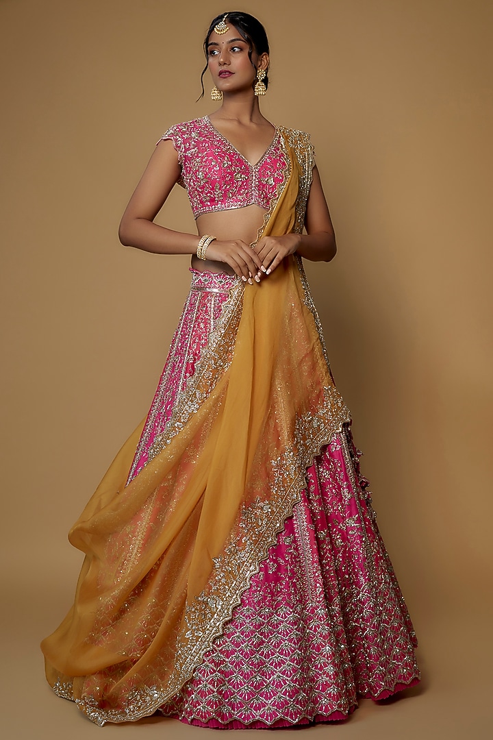 Pink Organza Embroidered Bridal Lehenga Set by Anushree Reddy at Pernia's Pop Up Shop
