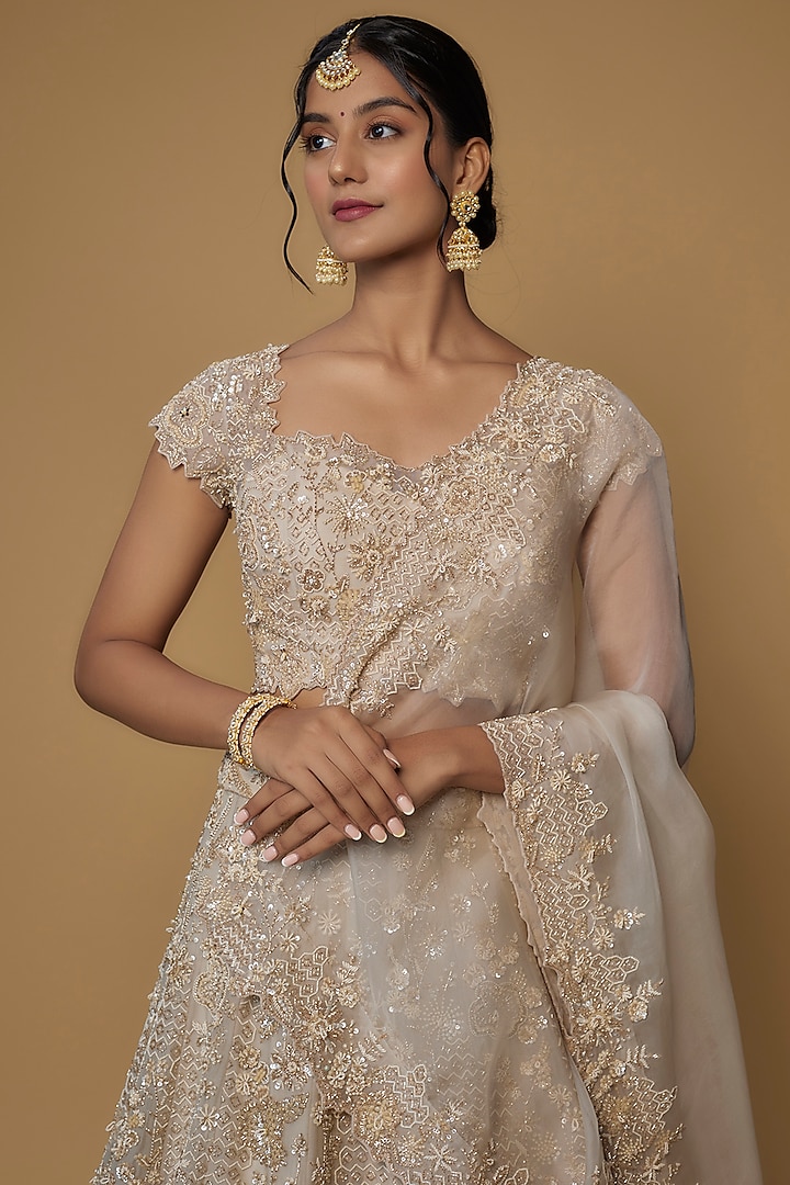 Ivory Organza Embroidered Bridal Lehenga Set by Anushree Reddy at Pernia's Pop Up Shop