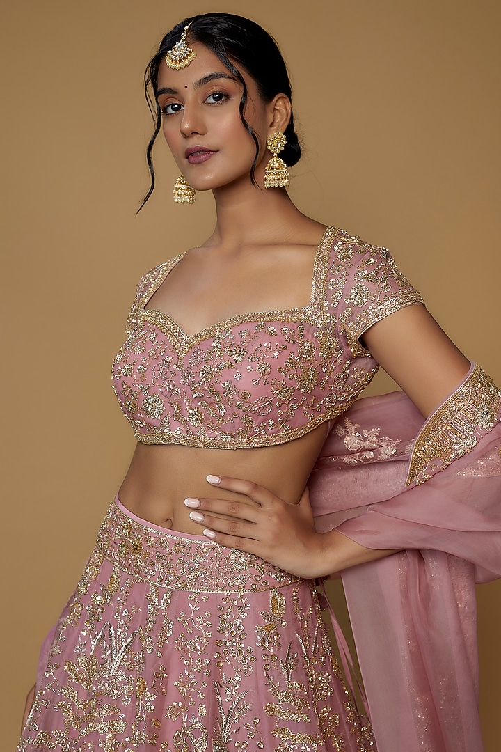 Blush Pink Organza Embroidered Bridal Lehenga Set by Anushree Reddy at Pernia's Pop Up Shop