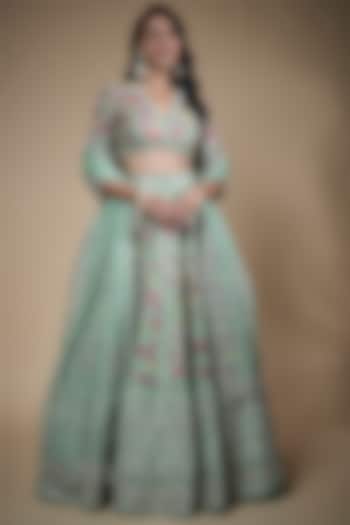 Sea Blue Organza Embroidered Bridal Lehenga by Anushree Reddy at Pernia's Pop Up Shop