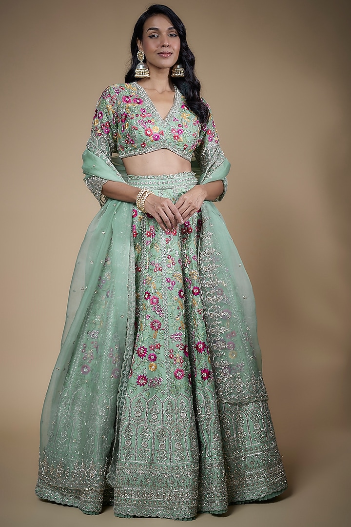 Sea Blue Organza Embroidered Bridal Lehenga by Anushree Reddy at Pernia's Pop Up Shop