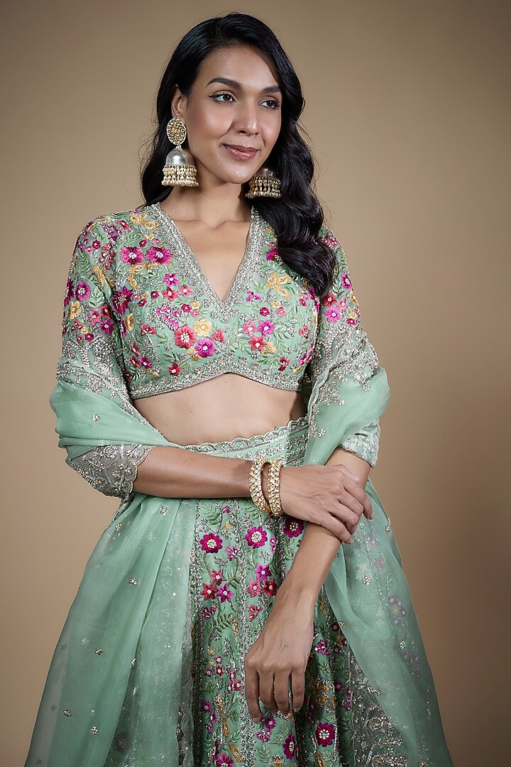 Sea Blue Organza Embroidered Bridal Lehenga by Anushree Reddy at Pernia's Pop Up Shop