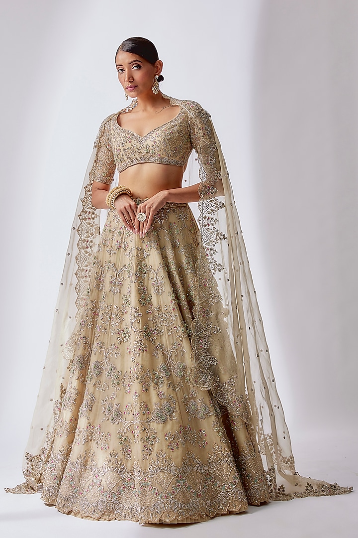 Ivory Organza Embroidered Bridal Lehenga Set by Anushree Reddy at Pernia's Pop Up Shop