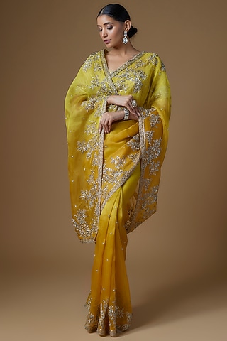 Yellow Organza Saree Set by Anushree Reddy