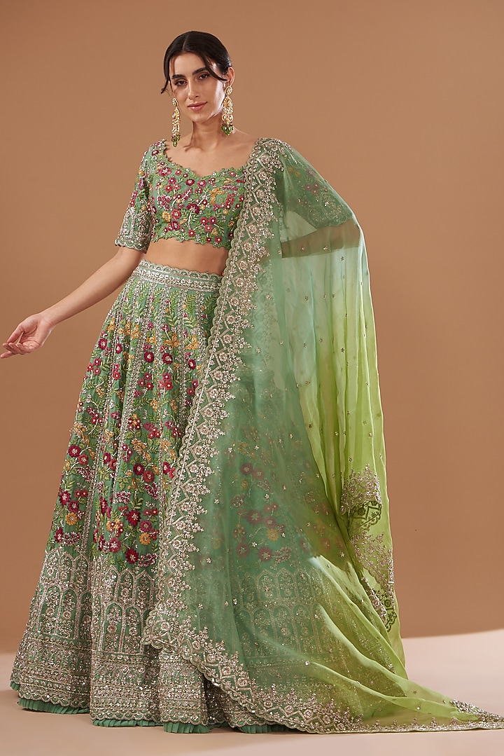 Sea Green Organza Embroidered Bridal Lehenga Set by Anushree Reddy at Pernia's Pop Up Shop