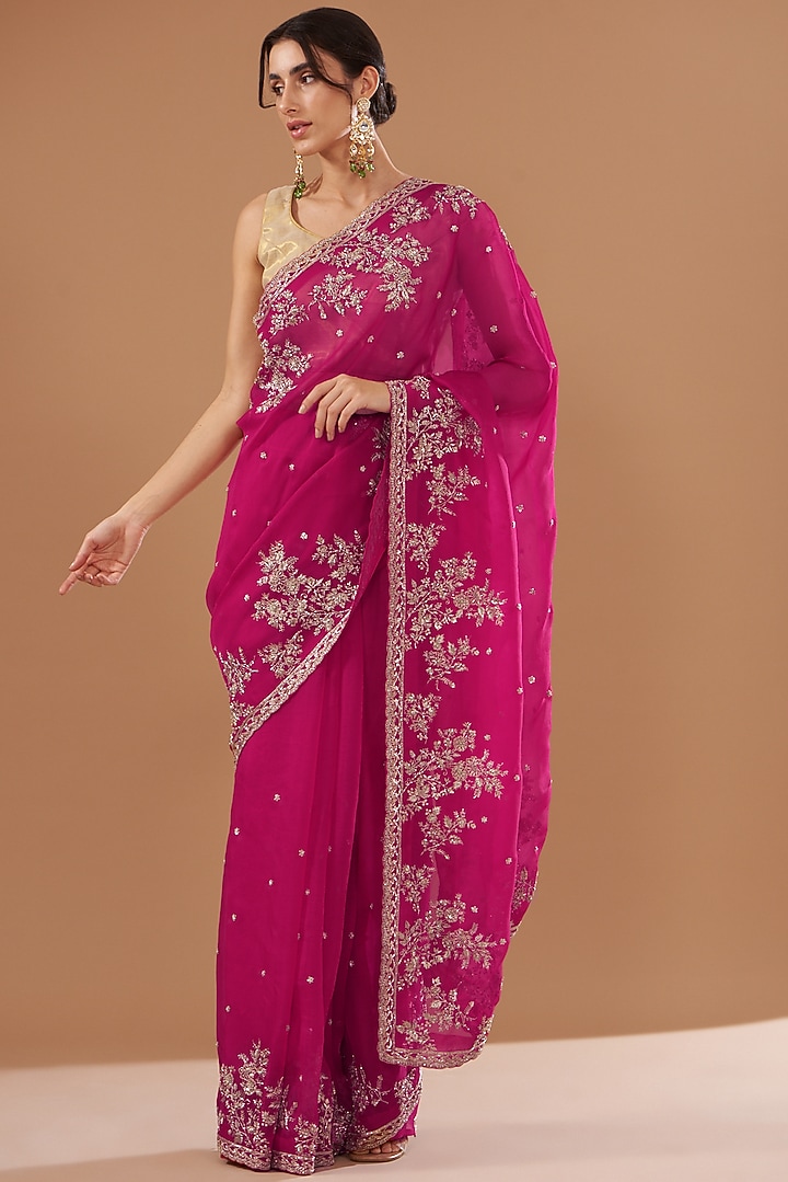 Hot Pink Organza Embroidered Bridal Saree Set by Anushree Reddy at Pernia's Pop Up Shop