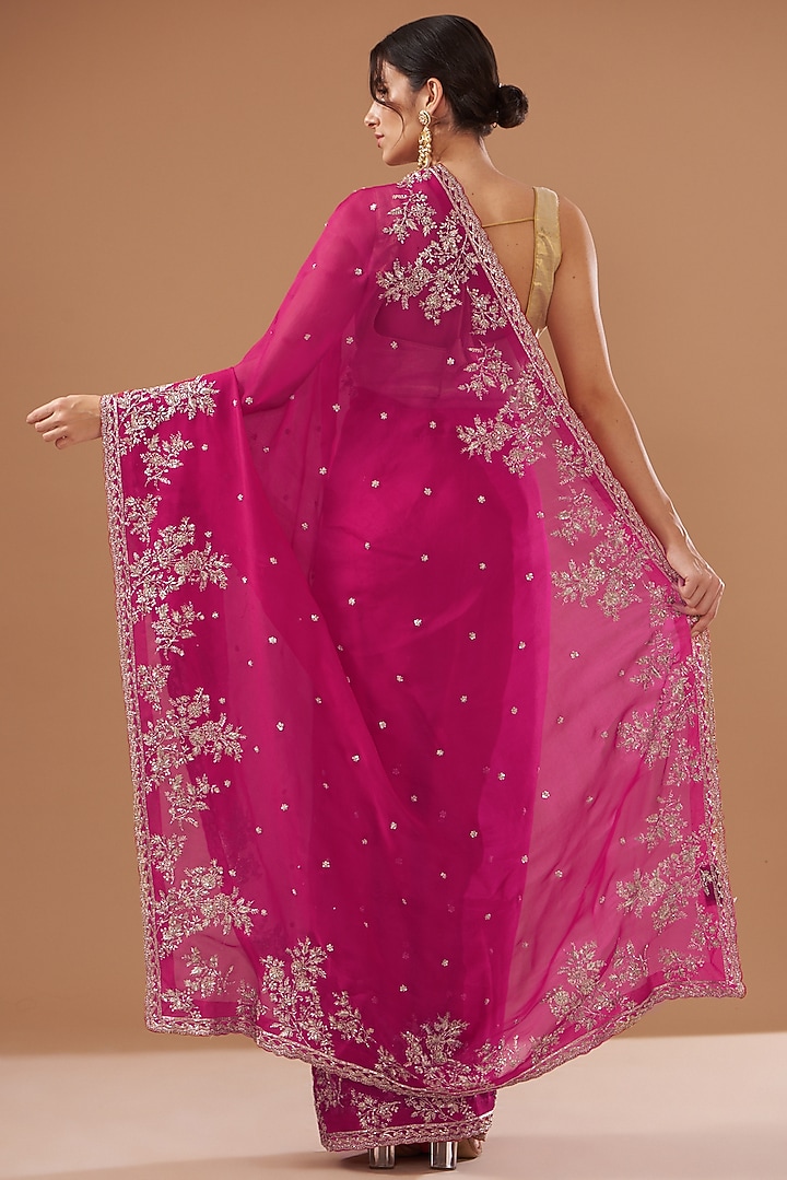 Hot Pink Organza Embroidered Bridal Saree Set by Anushree Reddy at Pernia's Pop Up Shop