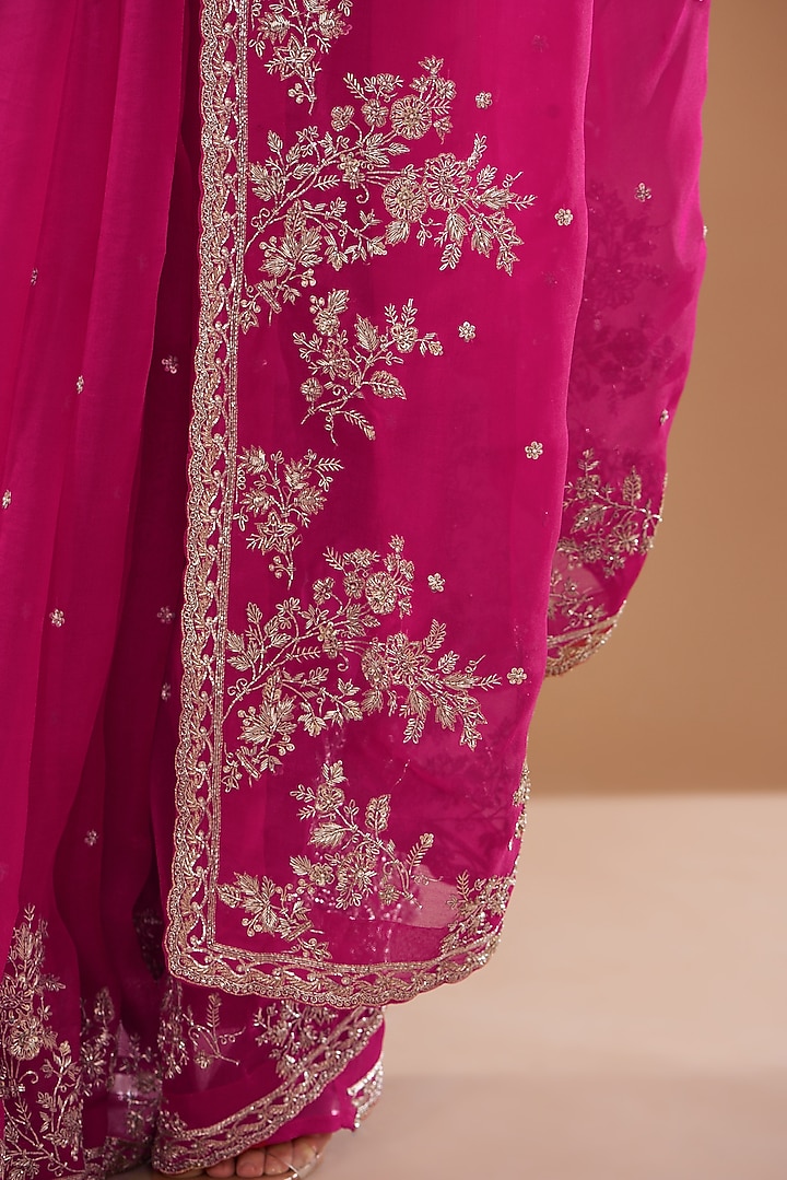 Hot Pink Organza Embroidered Bridal Saree Set by Anushree Reddy at Pernia's Pop Up Shop