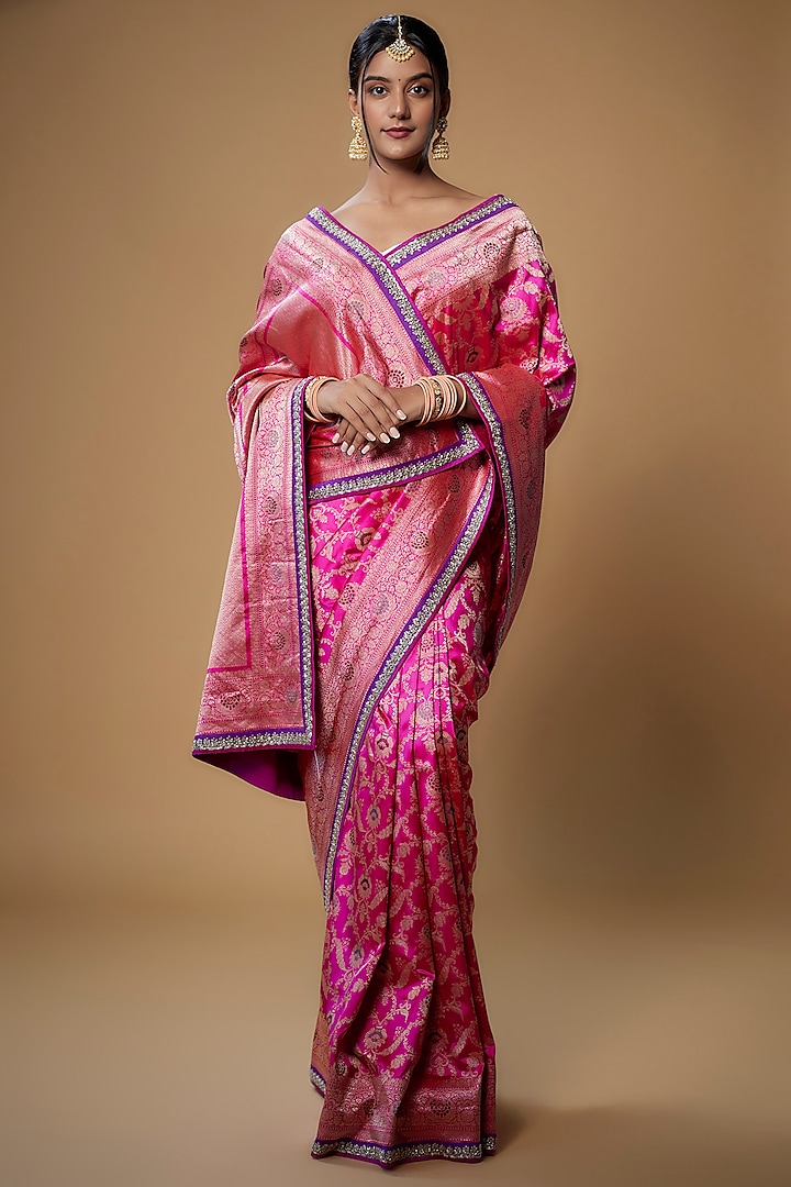 Rani Pink Silk Banarasi Saree Set by Anushree Reddy
