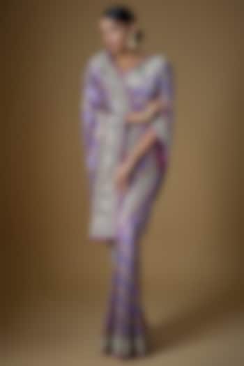 Purple Banarasi Silk Embroidered Saree Set by Anushree Reddy