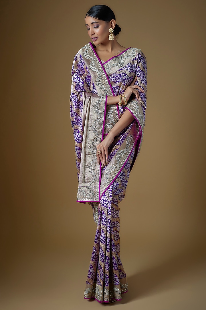 Purple Banarasi Silk Embroidered Saree Set by Anushree Reddy