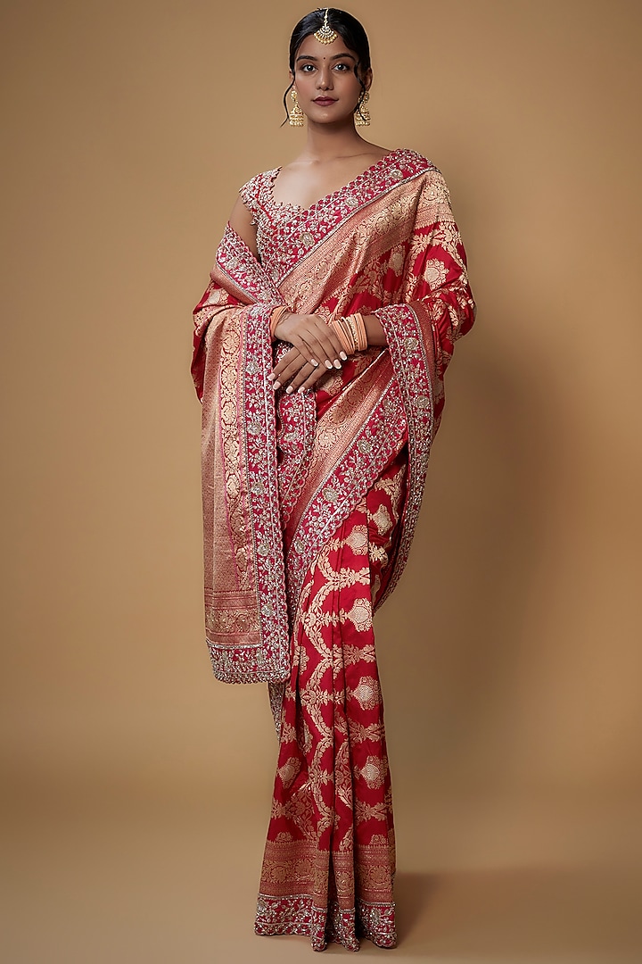 Red Silk Banarasi Saree Set by Anushree Reddy