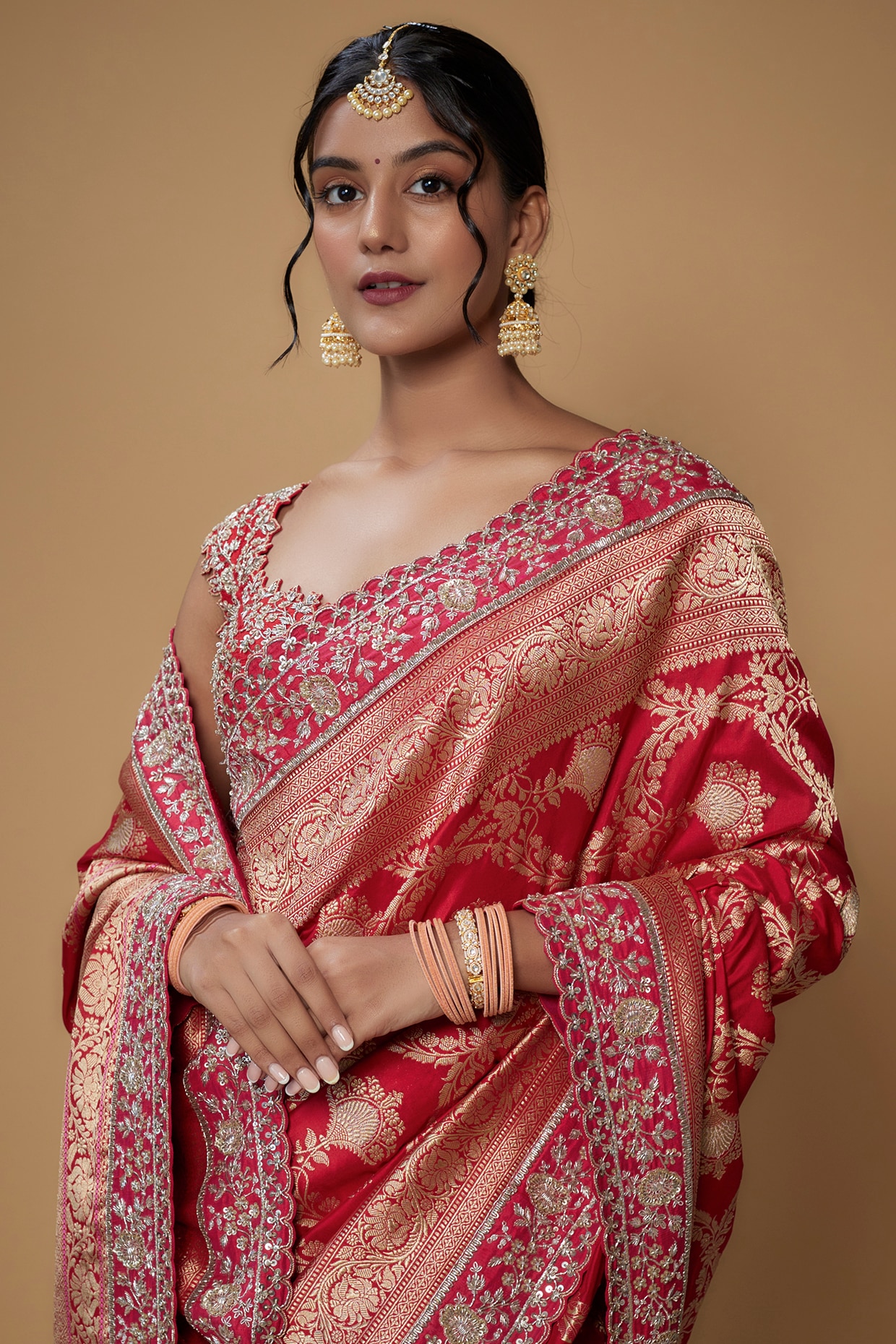 Red Silk Banarasi Saree Set Design by Anushree Reddy at Pernia's Pop Up  Shop 2024