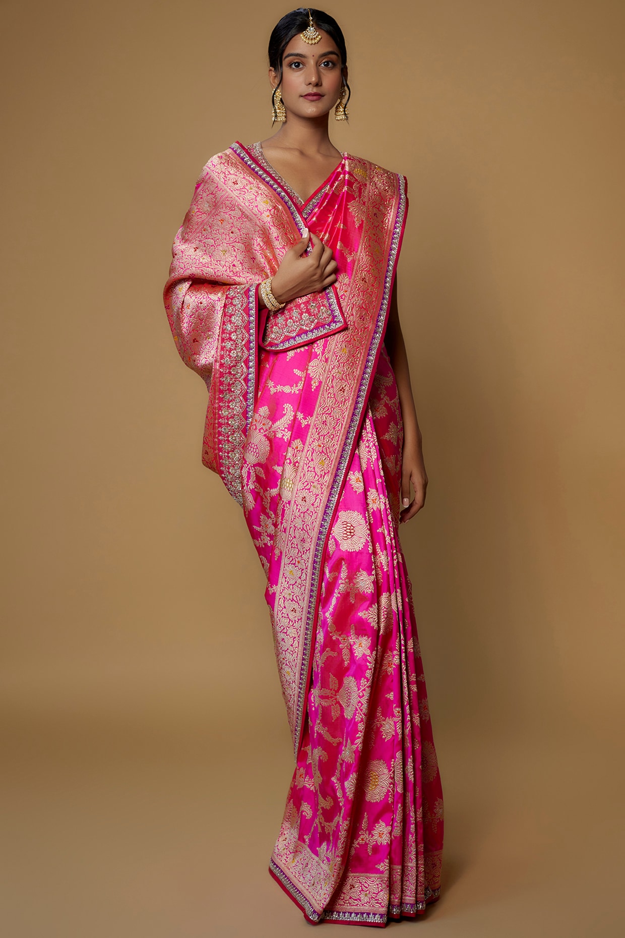 Buy Berry Pink Zardosi Embroidered Satin Saree Online | Samyakk