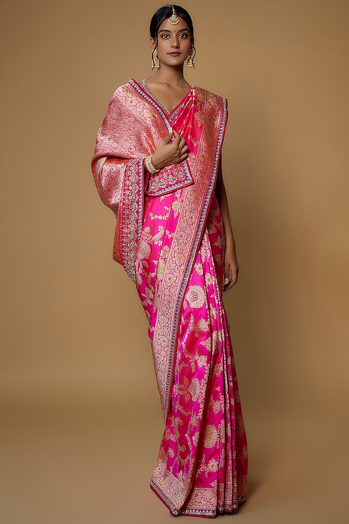 Hot Pink Silk Banarasi Saree Set by Anushree Reddy