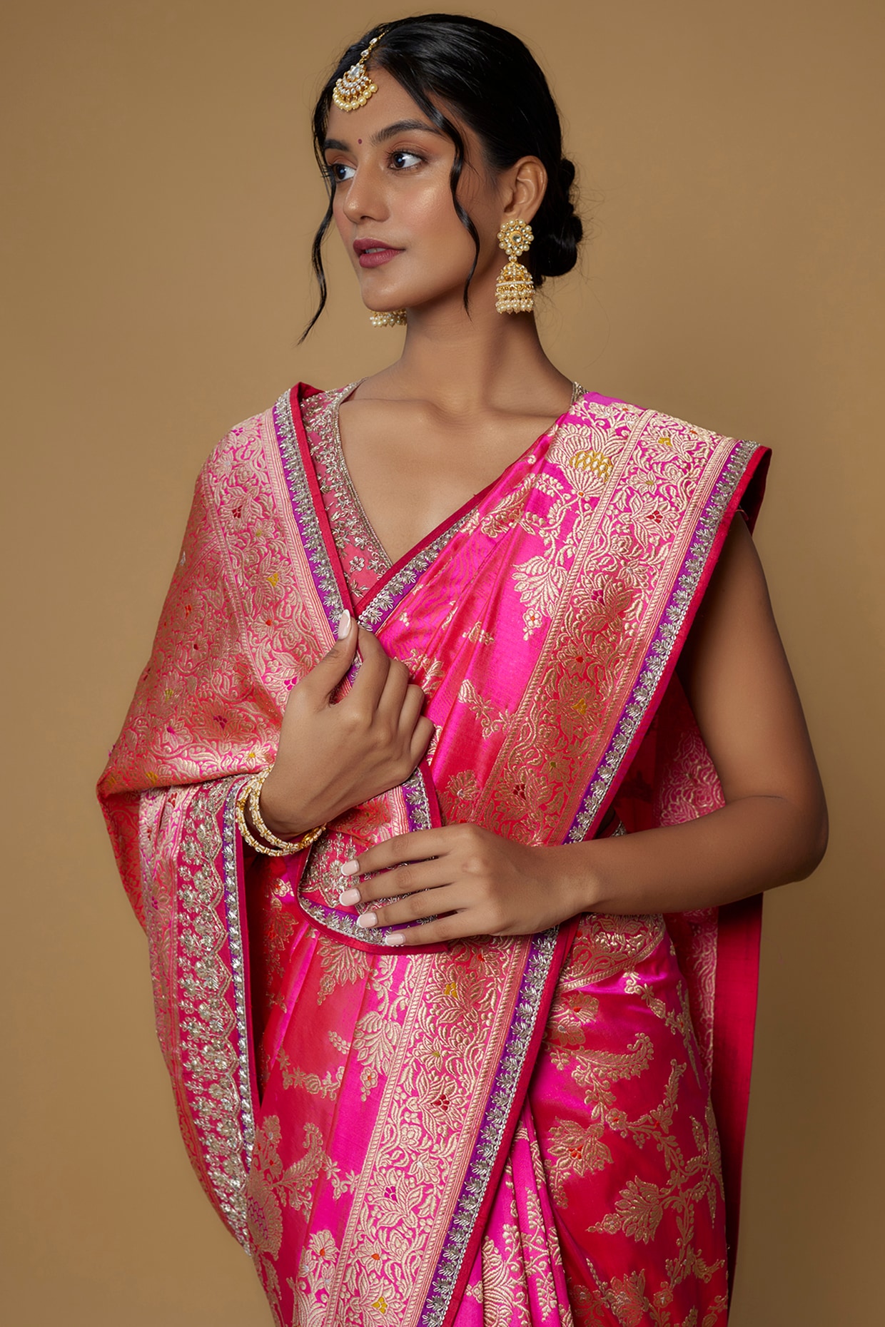Silk Ruby Pink Zari Weaved Banarasi Saree|SARV156466