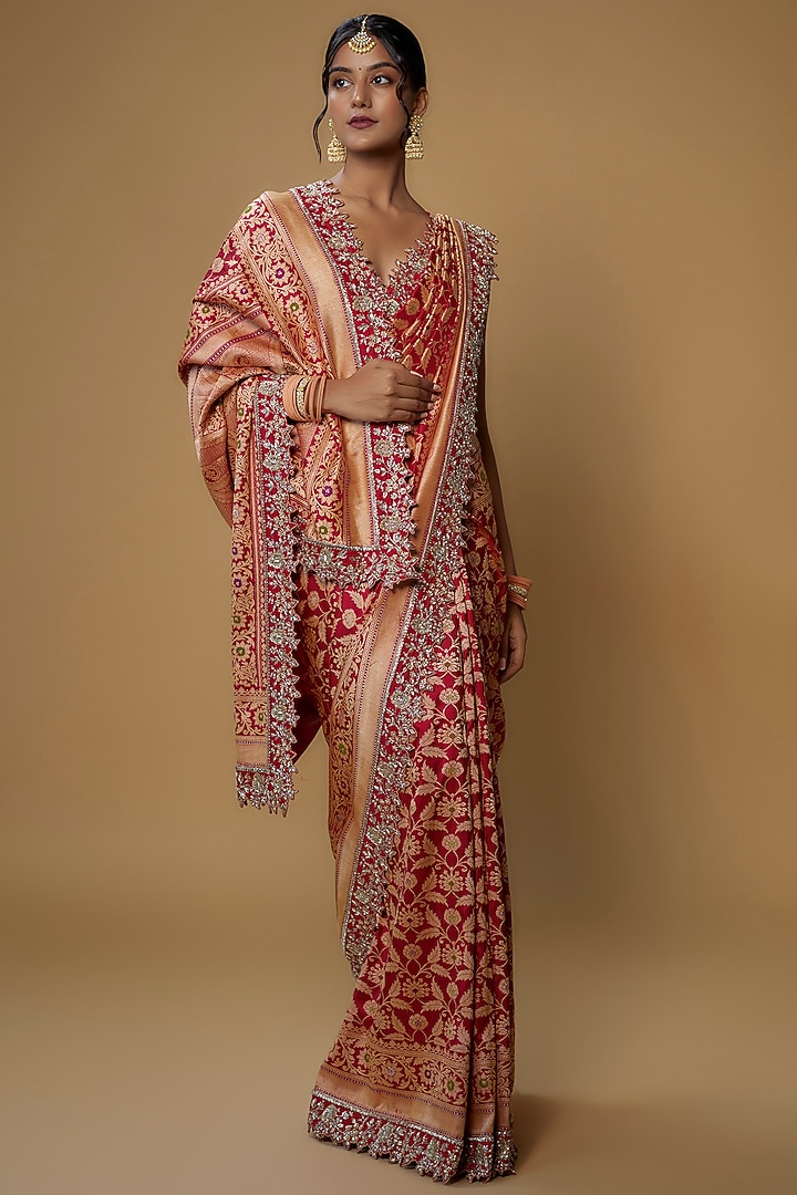 Red Silk Banarasi Bridal Saree Set by Anushree Reddy at Pernia's Pop Up Shop